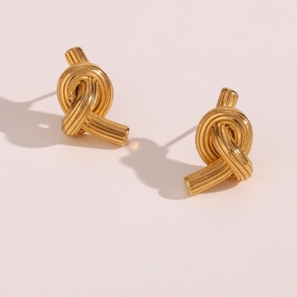 Stainless Steel Texture Knot Stud Earrings 18K Gold Plated - Picture 1 of 4